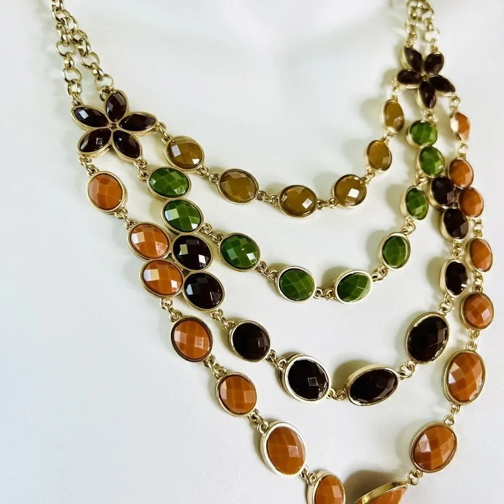 Beautiful Layered Multi Strand Necklace Earth Tone Faceted Beads Flower  4328